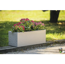 Rechthoekige plantenbak met bloeiende planten in de tuin.