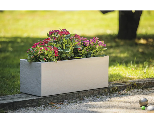 Rechthoekige plantenbak met bloeiende planten in de tuin.