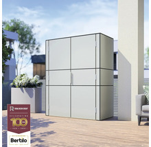 Buitenfoto van een tuinkast met meerdere vakken op een terras. Rowlinson Group Logo