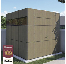 Tuinhuis met ramen en deur van houten panelen