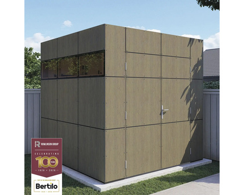 Tuinhuis met ramen en deur van houten panelen