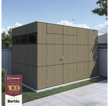 Tuinhuis met raam en dubbele deur in een tuin