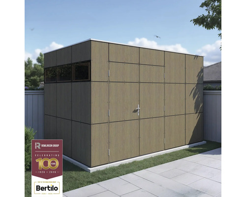 Tuinhuis met raam en dubbele deur in een tuin