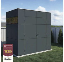 Grijs tuinhuis met raam en deur in de tuin