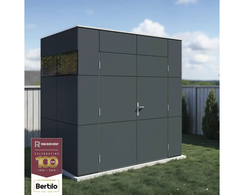 Grijs tuinhuis met raam en deur in de tuin