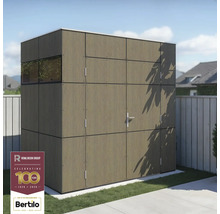 Houten tuinkast met raam en deur op een gazon