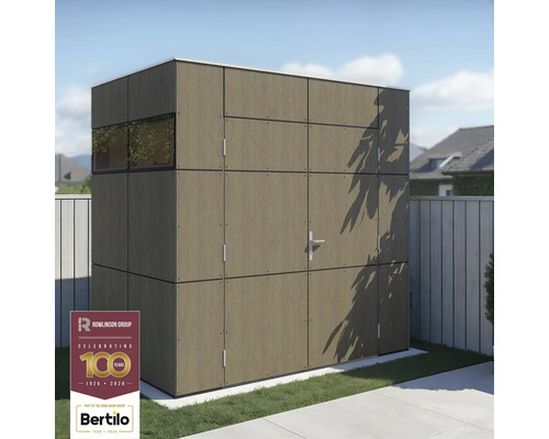 Houten tuinkast met raam en deur op een gazon