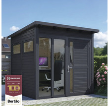 Modern tuinhuis met glazen voorkant en kantoorinrichting.