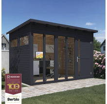 Modern tuinkantoor met houten bekleding, grote glazen ramen en kantoormeubilair