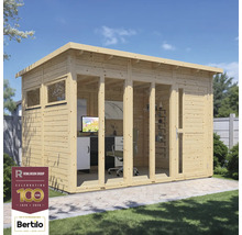 Houten tuinhuis met ramen en glazen deuren, en Rowlinson Group Logo