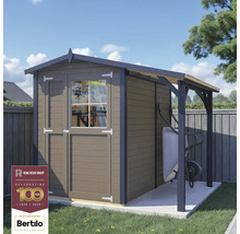 Houten tuinhuis met afdak en kruiwagen