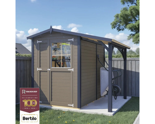 Houten tuinhuis met afdak en kruiwagen