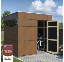 Modern houten tuinhuis met open deur en een fiets erin
