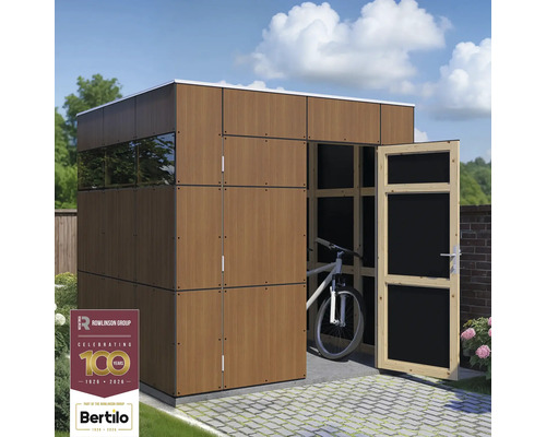 Modern houten tuinhuis met open deur en een fiets erin