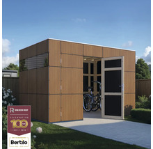 Modern houten tuinhuis met open deur en een fiets binnenin