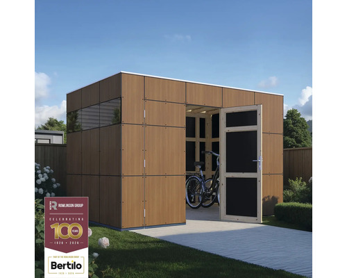 Modern houten tuinhuis met open deur en een fiets binnenin