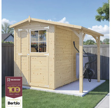 Houten tuinhuis met afdak en kruiwagen