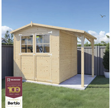 Houten tuinhuis met dubbele deur en uitzicht op het raam