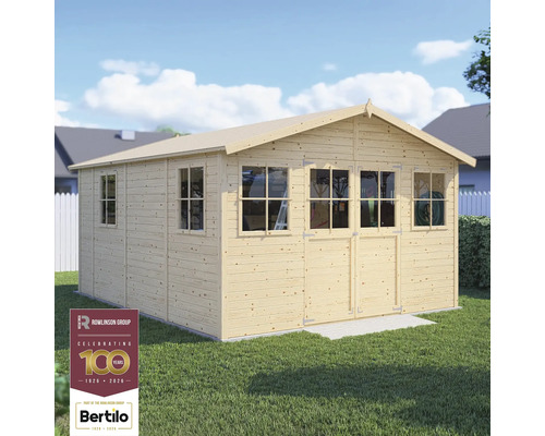 Houten tuinhuis met ramen en dubbele deur