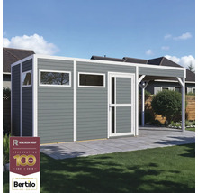 Grijs tuinhuis met wit frame, ramen en een overdekte veranda