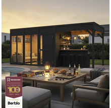 Tuinhuis met bar en tafel met buitenspellen. Rowlinson Group logo. Bertilo logo.