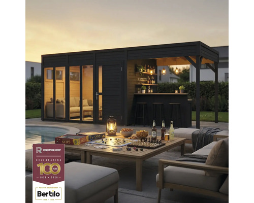 Tuinhuis met bar en tafel met buitenspellen. Rowlinson Group logo. Bertilo logo.