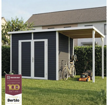 Tuinscène met tuinhuis, fiets en grasmaaier