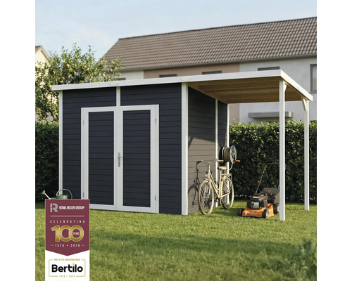 Tuinscène met tuinhuis, fiets en grasmaaier