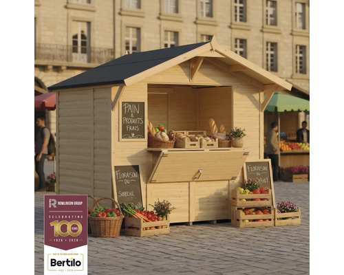Houten marktkraam met brood en groenten