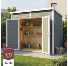 Tuinhuis met open deuren, planken en tuingereedschap