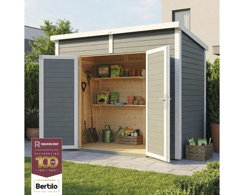 Tuinhuis met open deuren, planken en tuingereedschap