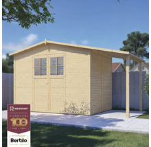 Houten tuinhuis met dubbele deur, ramen en afdak