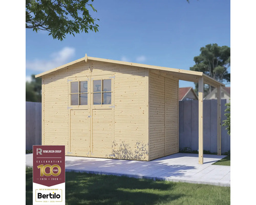 Houten tuinhuis met dubbele deur, ramen en afdak