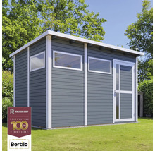 Houten tuinhuis met ramen en deur op gazon