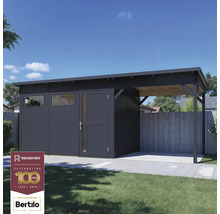 Moderne tuinhuis met carport en Rowlinson Group Logo.