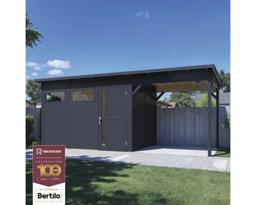 Moderne tuinhuis met carport en Rowlinson Group Logo.