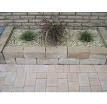 Verhoogde tuinbed met planten en stenen in de tuin