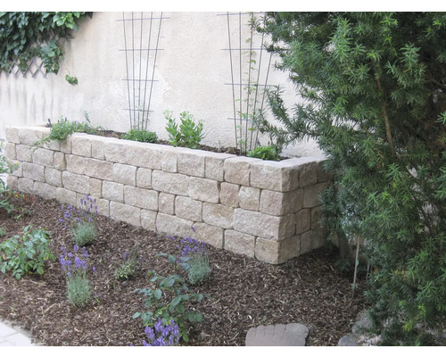 Tuin met verhoogde stenen plantenbak en beplanting