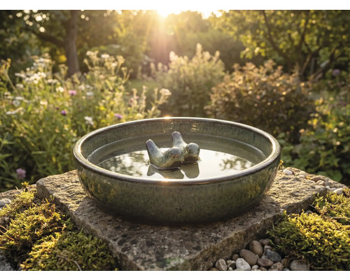 Keramische vogel drinkbak met vogeldecoratie in de tuin