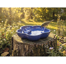 Keramische vogeldrinkbak met vogelmotief op boomstronk in de tuin