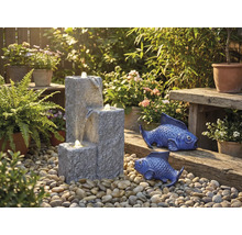 Tuinscene met trapsgewijze fontein, decoratieve vissen en planten