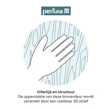 Perlura Logo. Weergave van het oppervlak van een binnendeur met voelbaar 3D reliëf