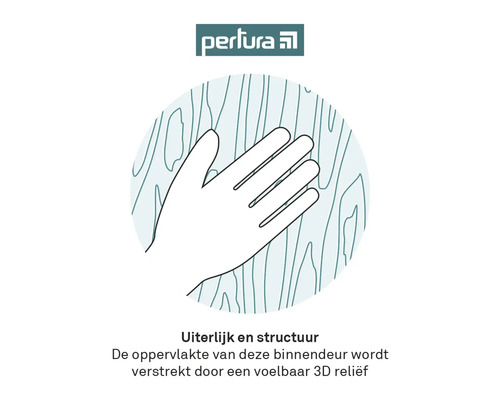 Perfora Logo. Illustratie van een hand die een houten binnendeur met voelbaar 3D reliëf aanraakt.