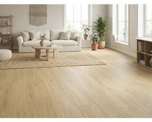 Lichte woonkamer met houten vloer, bank, vloerkleed en planten voor een vriendelijke sfeer.