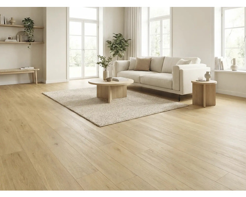 Lichte woonkamer met houten vloer, bank, tapijt en bijzettafels