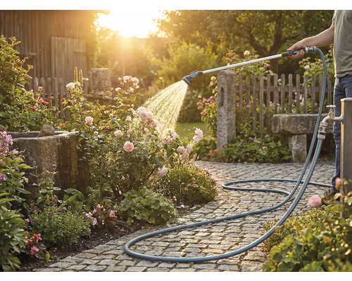 Een persoon bewater rozen met een tuinslang op een bestrate weg.