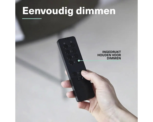 Een hand houdt een zwarte afstandsbediening vast met meerdere ronde knoppen voor het bedienen van de dimfunctie.