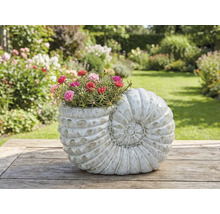 Plantenbak in de vorm van een slak met bloeiende bloemen op een houten tafel in de tuin