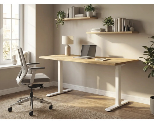 Inrichting met bureau, bureaustoel en wandplanken in een werkkamer