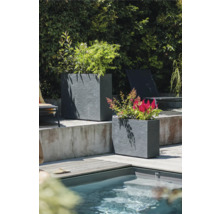 Twee rechthoekige plantenbakken van steen naast een zwembad in de tuin.